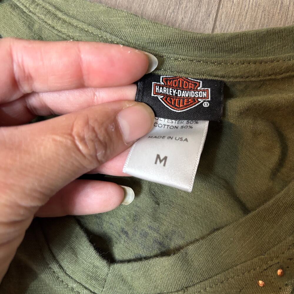 Harley Davidson Womens Shirt Olive Green Rhinestone Studded Wings M - Picture 6 of 7
